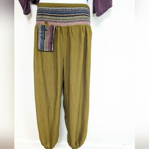 Olive Green Thai Harem Pants with Patterned Waistband